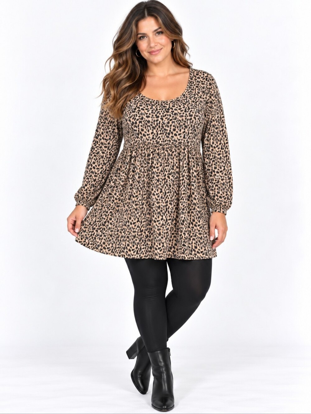 Monroe & Main 1X Leopard Print Empire Waist Tunic Top Long Sleeve